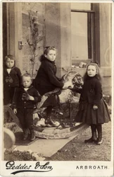 Gruppe von kleinen Kindern und ihr Schaukelpferd