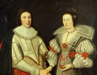 Gruppenporträt eines Gentlemans, Halbfigur, in einem weißen Wams und einer Halskrause, und seiner Frau, in einem weißen und grünen Kleid, fächerförmigem Kragen und Goldkette