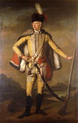 Porträt von John Lindsay, 20. Earl of Crawford und Lindsay, in voller Länge, in Husarenuniform, mit einer Steinschlossmuskete, eine Landschaft im Hintergrund, ca. 1745