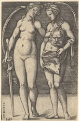 Judith steht rechts und hält den Kopf von Holofernes in ihrer rechten Hand, ca. 1520-30