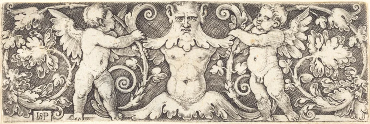 Ornament mit männlicher Halbfigur zwischen zwei Genien