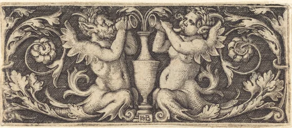 Ornament mit Tritonen, die Hörner blasen