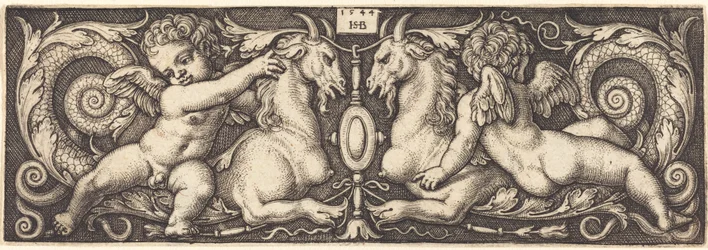 Ornament mit zwei Genien, die auf zwei Chimären reiten