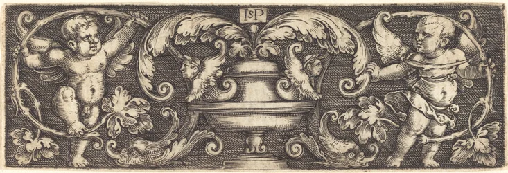 Ornament mit einer Vase zwischen zwei Genien