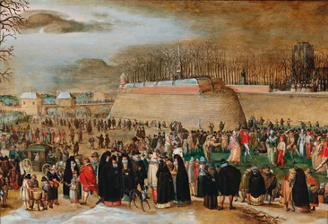 Winterlandschaft mit Karnevalsszene in der Nähe des Kipdorppoort-Bastions in Antwerpen