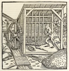 Bergbau mit Wasserrad, aus der Ausgabe von 1550 der 