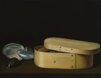 Stillleben mit Muscheln und einer Spanholzkiste, späte 1620er Jahre