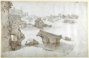 Blick auf den Tiber mit den Ruinen der Ponte Rotto, der Marmorata und der Ripa Grande