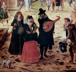 Landschaft mit der Villa Medici in Rom, Italien. Detail: Elegante Spaziergänger und Musiker im Park. 17. Jahrhundert, Neapel, Museo Nazionale di Capodimonte