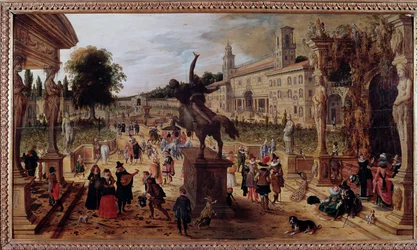 Landschaft mit der Villa Medici in Rom, Italien. Elegante Spaziergänger und Musiker im Park. 17. Jahrhundert, Neapel, Museo Nazionale di Capodimonte