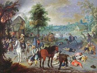 Plünderungsszene in einem Dorf