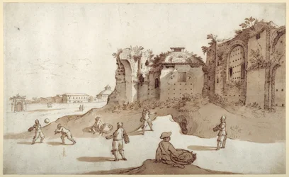 Junge Männer spielen Pelota in den Diokletiansthermen; S. Bernardino in der Ferne; die lange Mauer von Bellaiani