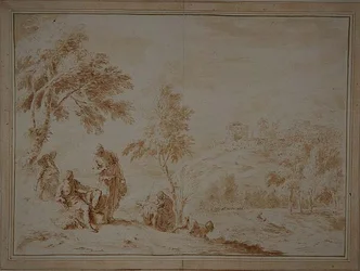 Weitläufige pastorale Landschaft mit Hügelstadt, ca. 1720