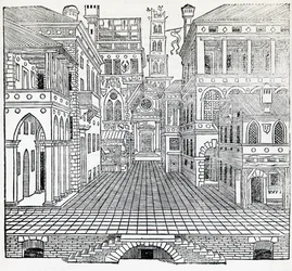 Magische Szene, Bühnenbild, Illustration aus der Abhandlung über Architektur, Buch II