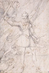König Heinrich IV., ganzfigurig, eine Trophäe der osmanischen Waffen zu seinen Füßen, eine Schriftrolle vor einem Adler erhebend