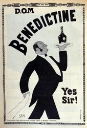 Werbung für den Digestif „Benedictine“. Ein Kaffeeboy trägt eine Flasche auf einem Tablett. Zeichnung von Sem (1873-1932). 1910