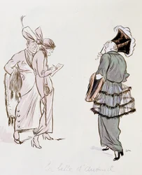 Fantastisches Kostümmodell („Die Schöne von Auteuil“) von Sem, „Der wahre und der falsche Chic“