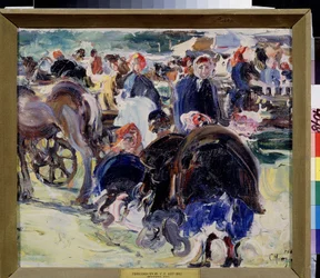 Ein Jahrmarkt. Marktplatz in der Provinz mit Bäuerinnen und Händlern. Gemälde von Semjon Gawrilowitsch Nikiforow (1877-1912), Öl auf Leinwand