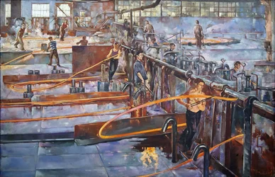 Die heiße Walzwerkstatt der "Roten Nagelschmiede" Fabrik in Leningrad