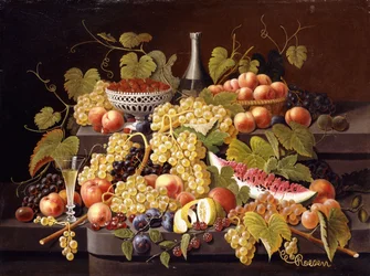 Stillleben mit Obst und Champagner