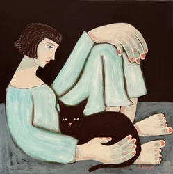Nachdenkliche Frau, schwarze Katze
