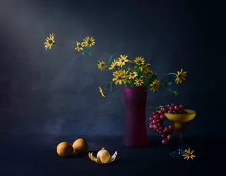 Stimmungsvolle Blumen und Früchte