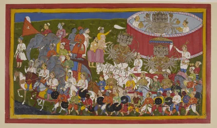 Ravana rüstet sich für die Schlacht in goldener Rüstung, begrüßt von Dienern