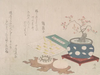 Bonsai-Pflaume, Kompass und Taschensonnenuhr mit Kalenderdesign, aus Frühlingsregen Surimon, 1806