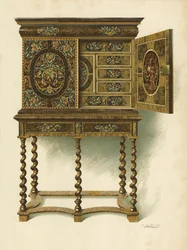 Walnusskabinett mit Marketerie eingelegt, Eigentum von The Hon Charlotte Maria Lady North und R Eden Dickson (Chromolitho)