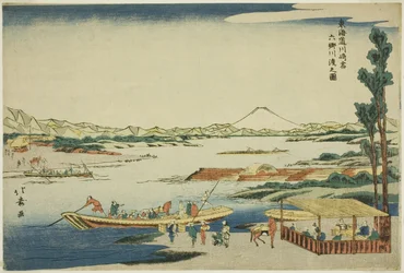 Ansicht der Rokugo-Flussüberquerung an der Kawasaki-Station (Kawasaki-juku Rokugo kawa watashi no zu), aus der Serie "Tokaido-Straße (Tokaido)"