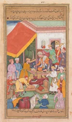 Timur verteilt Geschenke von seinem Enkel, dem Prinzen von Multan, aus einem Zafar-nama
