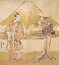 Der Schauspieler Bando Mitsugoro als Mann in prächtiger Kleidung, stehend auf einem Feld..., ca. 1778