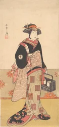 Der Schauspieler Iwai Hanshiro IV. als Frau in einem schwarzen Kimono, ca. 1780.