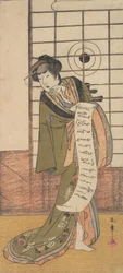 Der zweite Yamashito Kinsaku als Kurtisane in einem Raum stehend, ca. 1779
