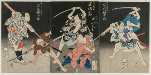 Asao Gaujuro als der Bootsmann Sanjurol, Nakayama Bunshichi als Hayashi Sanzemo..., 1829