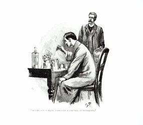 „Holmes arbeitete angestrengt an einer chemischen Untersuchung“, Illustration zu „Der Flottenvertrag“ von Arthur Conan Doyle (1859-1930), veröffentlicht im „Strand Magazine“, Oktober und November 1893