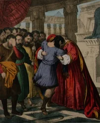 Josephs Vergebung seiner Brüder, aus einer Bibel gedruckt von Edward Gover
