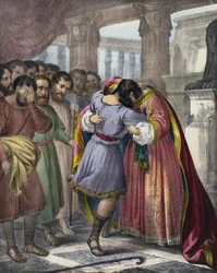 Josephs Vergebung seiner Brüder (farbiger Stich)