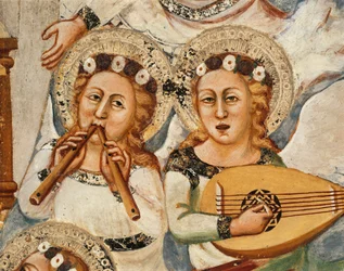 Leben der Jungfrau: „die Entschlafung und die Himmelfahrt der Jungfrau“ Detail, das die Musikerengel zeigt, die die Doppelflöte und die Laute spielen - Fresko der Schule von Siena (14. Jahrhundert) Kloster St. Benedetto (Sacro Speco), Kapelle
