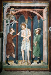 Die Geißelung (Fresko der Schule von Siena, 14. Jahrhundert, Oberkirche, Kloster von San Benedetto)