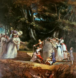Die Kinder der Herzogin von Orleans begrüßen ihre Mutter am Denkmal, das sie zur Erinnerung an ihre Genesung durch einen Besuch in Spa im Jahr 1787 errichtet haben
