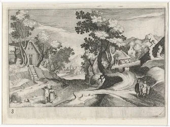 Waldreiche Hügellandschaft mit Gebäuden und Figuren