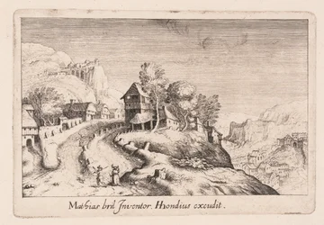Landschaft mit einem Weg auf einen Berg durch ein Dorf, aus Topographia Variarum Regionum