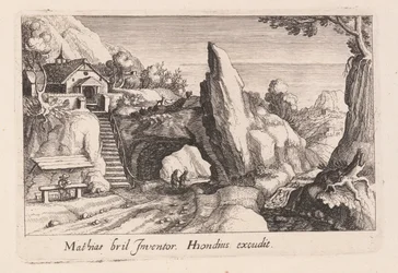 Paar von Figuren, die unter einer Felsenbrücke gehen, aus Topographia Variarum Regionum