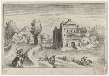 Flusslandschaft mit einem Schloss (Serie: Süd-Europäische Landschaften, Topographia variarum regionum)