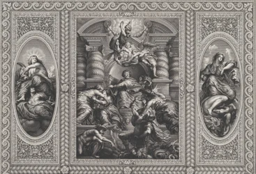 James I ernennt Charles zum König von Schottland in der Mitte, Minerva durchbohrt Unwissenheit rechts, 1720