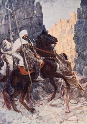 Der schottische Ritter Sir Kenneth mit dem Sarazenen, von Hamako überrascht, als sie durch das Tal des Todesschattens ritten, Illustration zu "Der Talisman: Eine Erzählung aus der Zeit der Kreuzzüge" von Sir Walter Scott