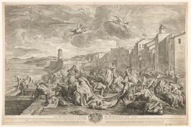 Opfer der Beulenpest werden in La Tourette, Marseille, entfernt. Die Pest in der Stadt Marseille im Jahr 1720 (Titel auf dem Objekt)
