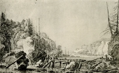 Landschaft mit einem Fluss zwischen bergigen Ufern
