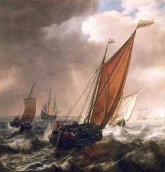 Kleines niederländisches Transportschiff vor der Brise in den ruhigen, flachen Gewässern entlang der Küste, mit der Flagge der Admiraut von Zeeland (Nordosten der Niederlande) sowie der von Holland